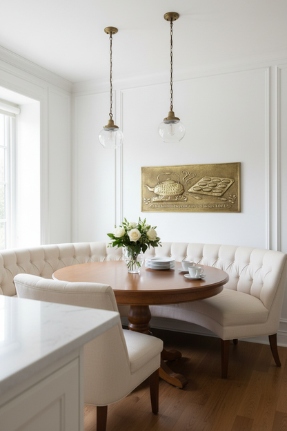 Gold Tea Kettle Tray Panel Natural Brass Breakfast Nook Focal Point Portrait Orientation Photorealistic