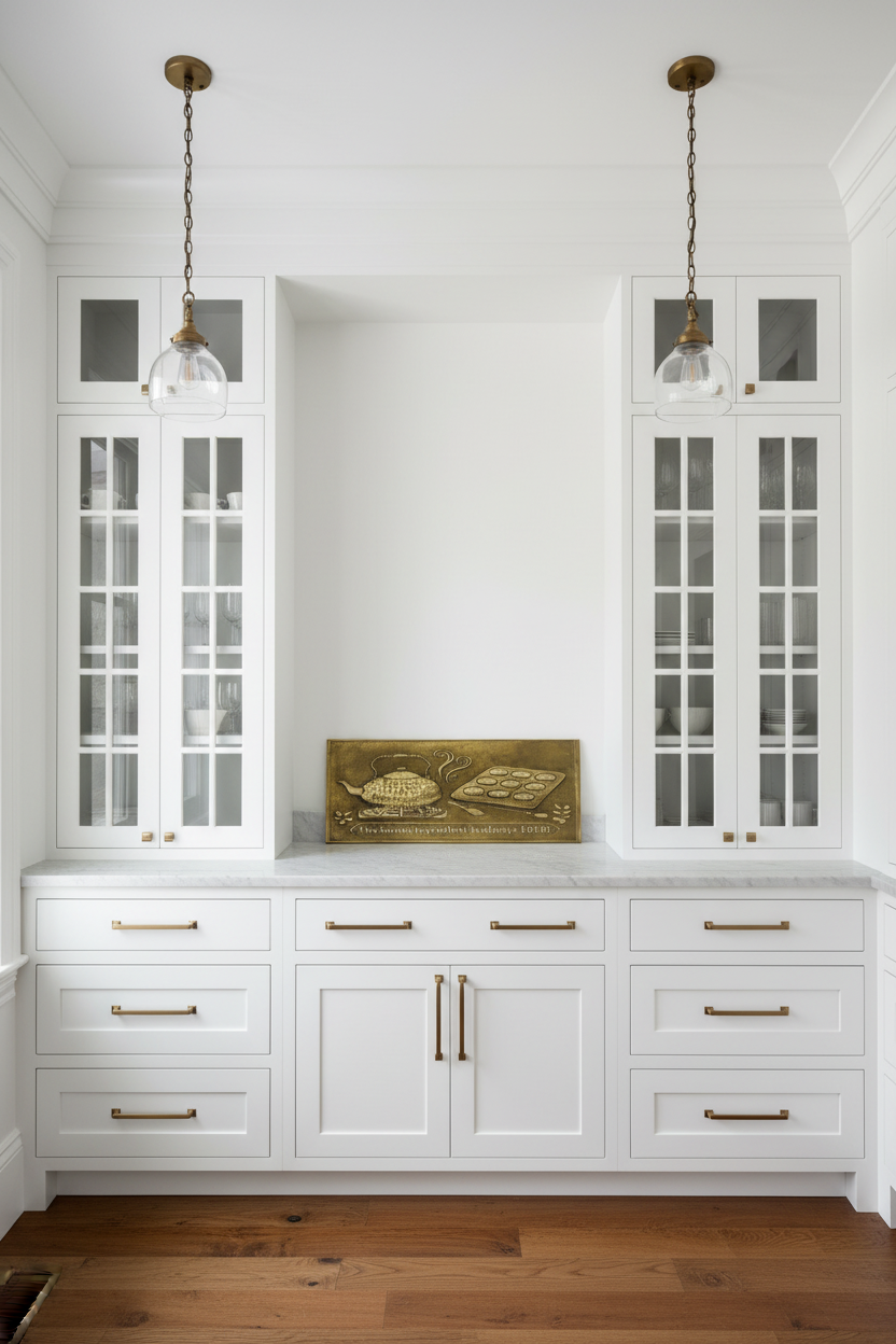 Gold Tea Kettle Tray Panel Natural Brass Butler's Pantry Portrait Orientation Photorealistic