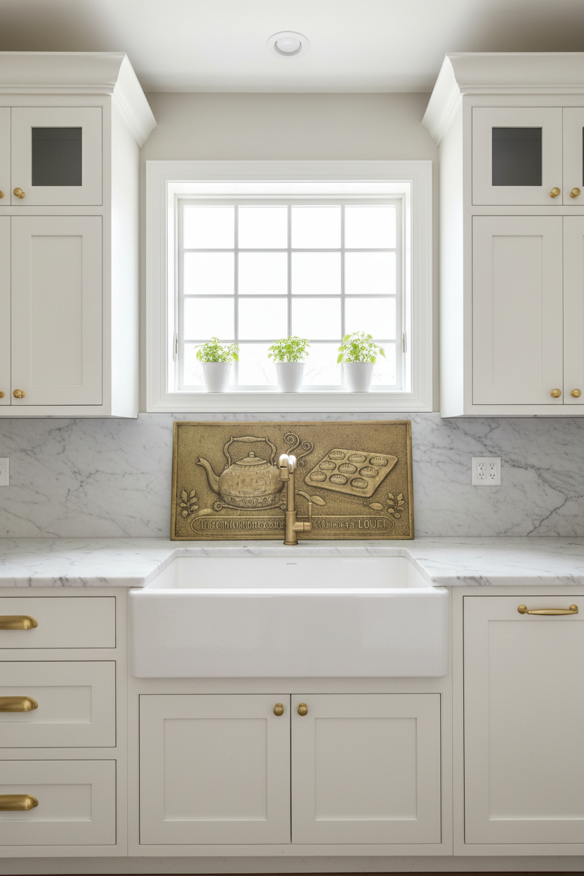 Gold Tea Kettle Tray Panel Natural Brass Kitchen Backsplash Behind Sink Portrait Orientation Photorealistic
