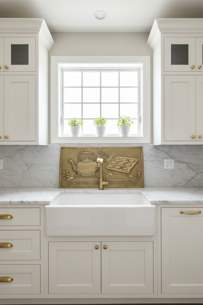 Gold Tea Kettle Tray Panel Natural Brass Kitchen Backsplash Behind Sink Portrait Orientation Photorealistic