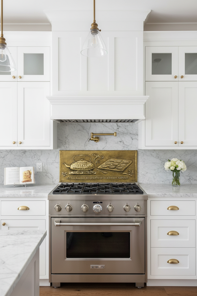 Gold Tea Kettle Tray Panel Natural Brass Kitchen Backsplash Behind Stove Portrait Orientation Photorealistic