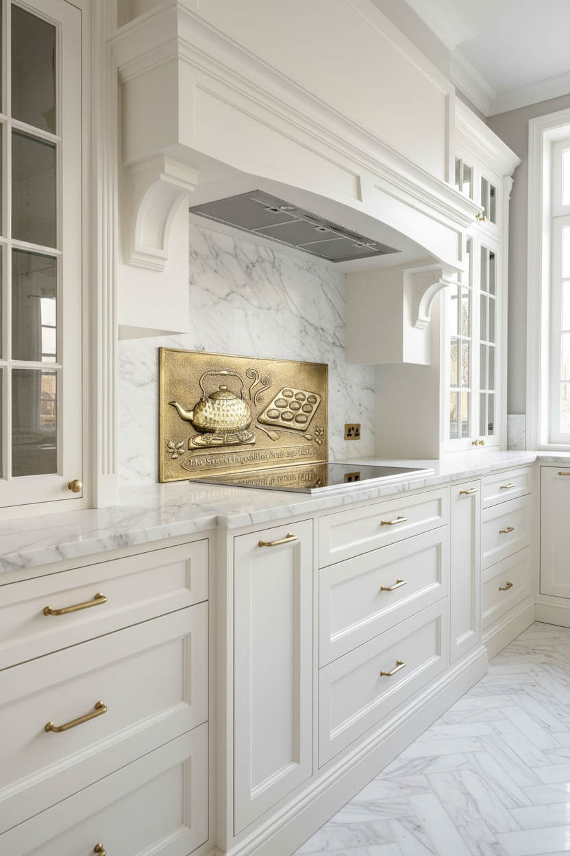 Gold Tea Kettle Tray Panel Natural Brass Kitchen Backsplash Closer View Ultra Luxury Dream Kitchen