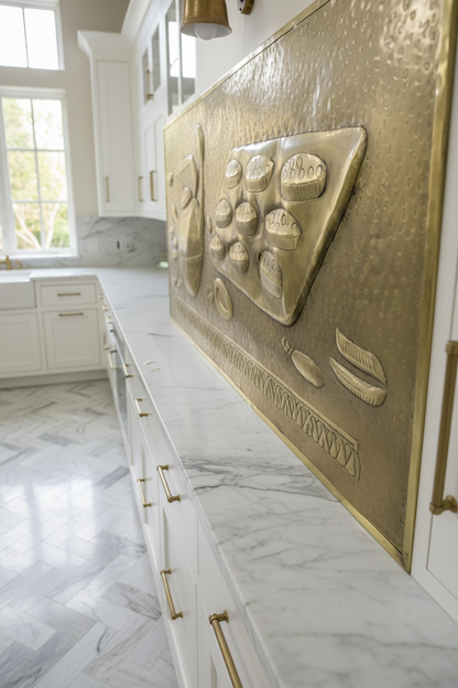 Gold Tea Kettle Tray Panel Natural Brass Kitchen Display Closer View Ultra Luxury Dream Kitchen