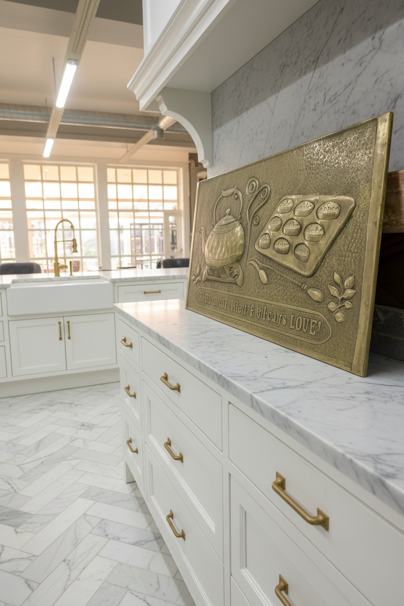 Gold Tea Kettle Tray Panel Natural Brass Kitchen Installation Closer View Ultra Luxury Dream Kitchen
