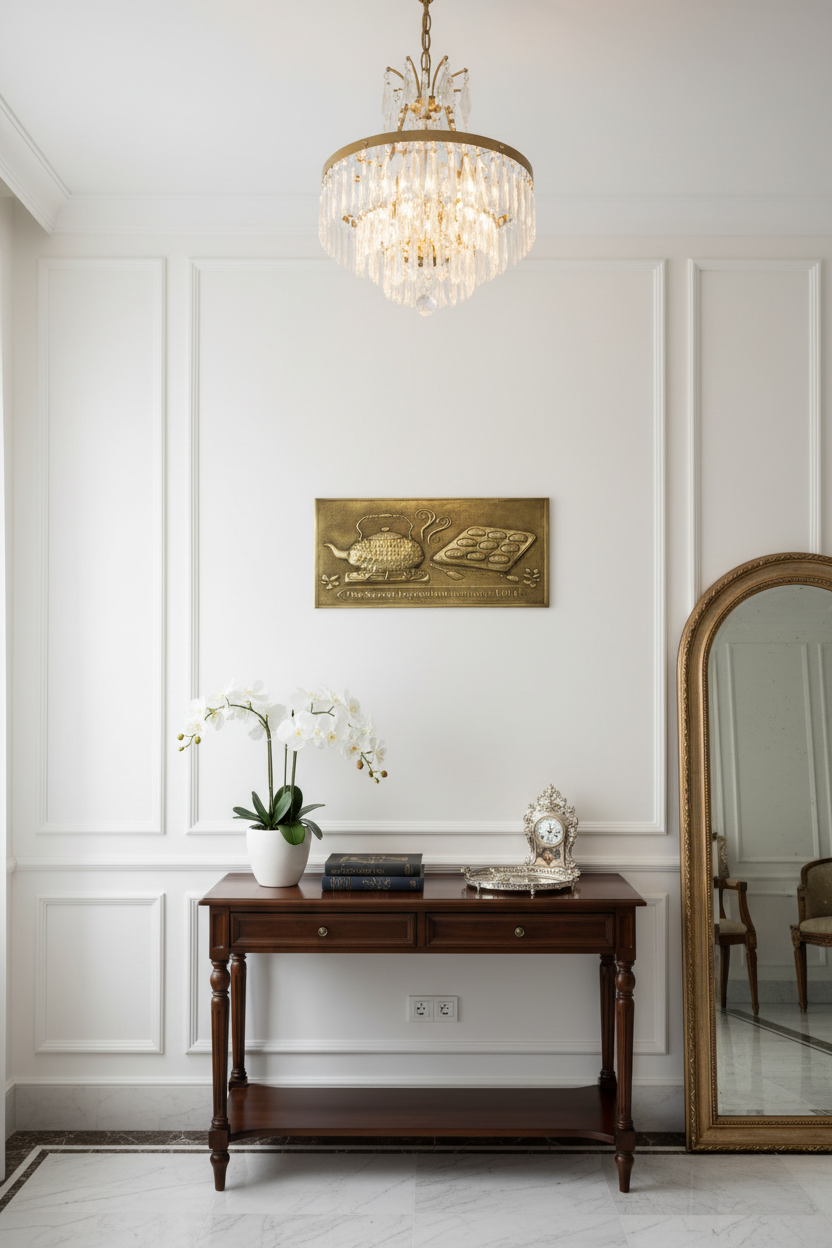 Gold Tea Kettle Tray Panel Natural Brass Wall Art Display Portrait Orientation Photorealistic