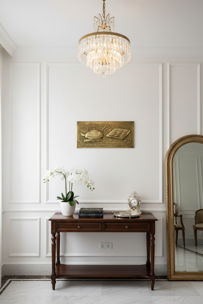 Gold Tea Kettle Tray Panel Natural Brass Wall Art Display Portrait Orientation Photorealistic