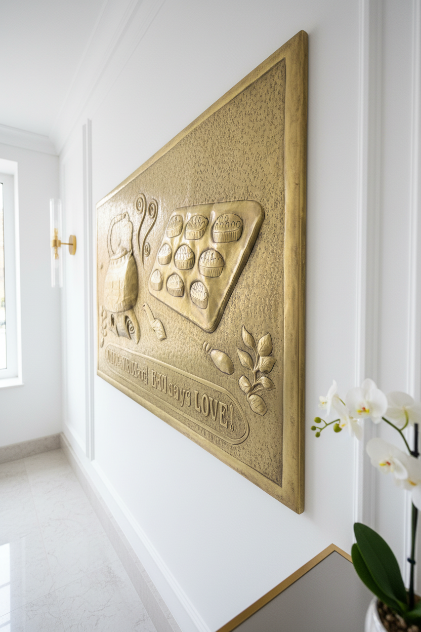 Gold Tea Kettle Tray Panel Natural Brass Wall Art Dream Luxury Entryway 6mm Thickness