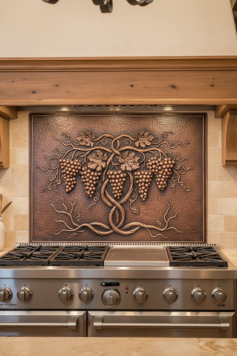 Grapes on the Vine Copper Backsplash - 52x36 inch handmade metal panel close-up