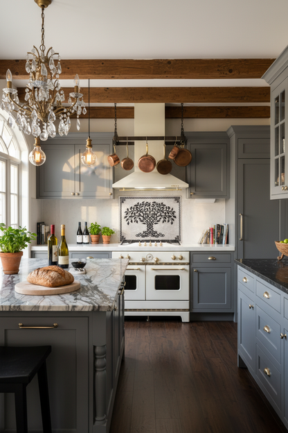 Gray Black Tree of Life Backsplash Close Front Direct View Ultra-Luxury Contemporary Kitchen