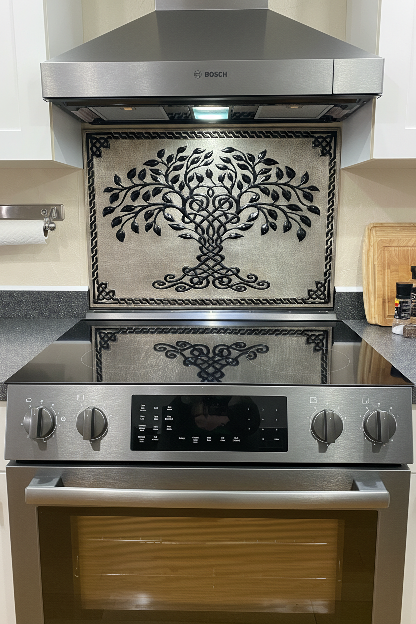 Gray Black Tree of Life Backsplash - close-up front view