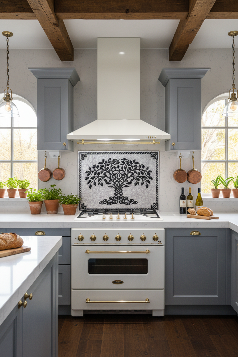 Gray Black Tree of Life Backsplash Closer Front Direct View Ultra-Luxury Modern Kitchen