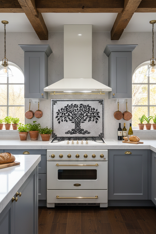 Gray Black Tree of Life Backsplash Closer Front Direct View Ultra-Luxury Modern Kitchen
