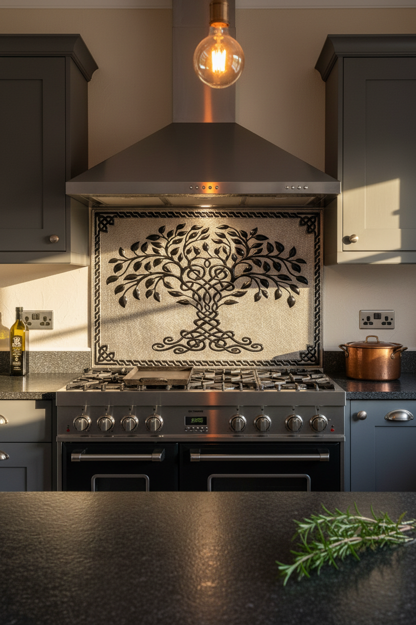 Gray Black Tree of Life Backsplash Closest Front Direct View Ultra-Luxury Contemporary Kitchen