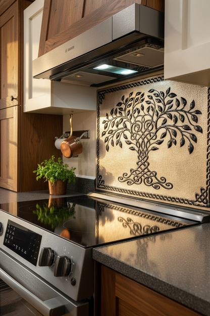 Gray Black Tree of Life Backsplash Large Panel EXTREMELY CLOSE Angled Left View Handmade Kitchen Wall Art Ultra Luxury Rustic Farmhouse Kitchen Stove Backsplash
