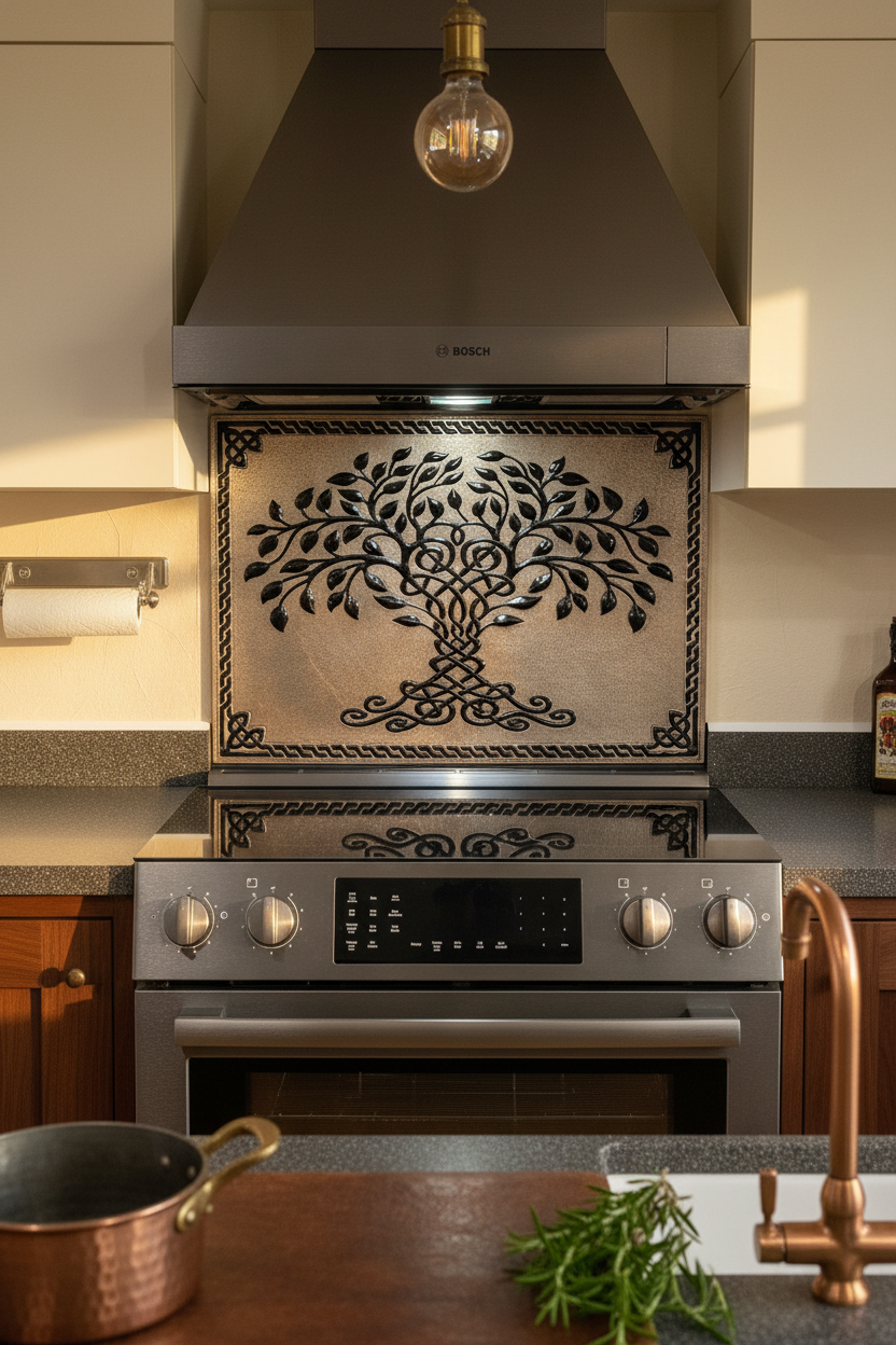 Gray Black Tree of Life Backsplash Large Panel EXTREMELY CLOSE Front Direct View Handmade Kitchen Wall Art Ultra Luxury Rustic Farmhouse Kitchen Stove Backsplash