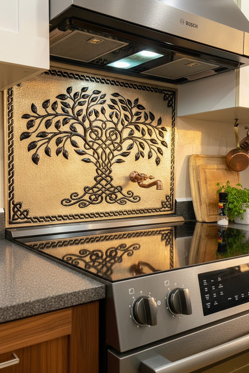 Gray Black Tree of Life Backsplash Large Panel EXTREMELY CLOSE Slight Angled Left View Handmade Kitchen Wall Art Ultra Luxury Rustic Farmhouse Kitchen Stove Backsplash