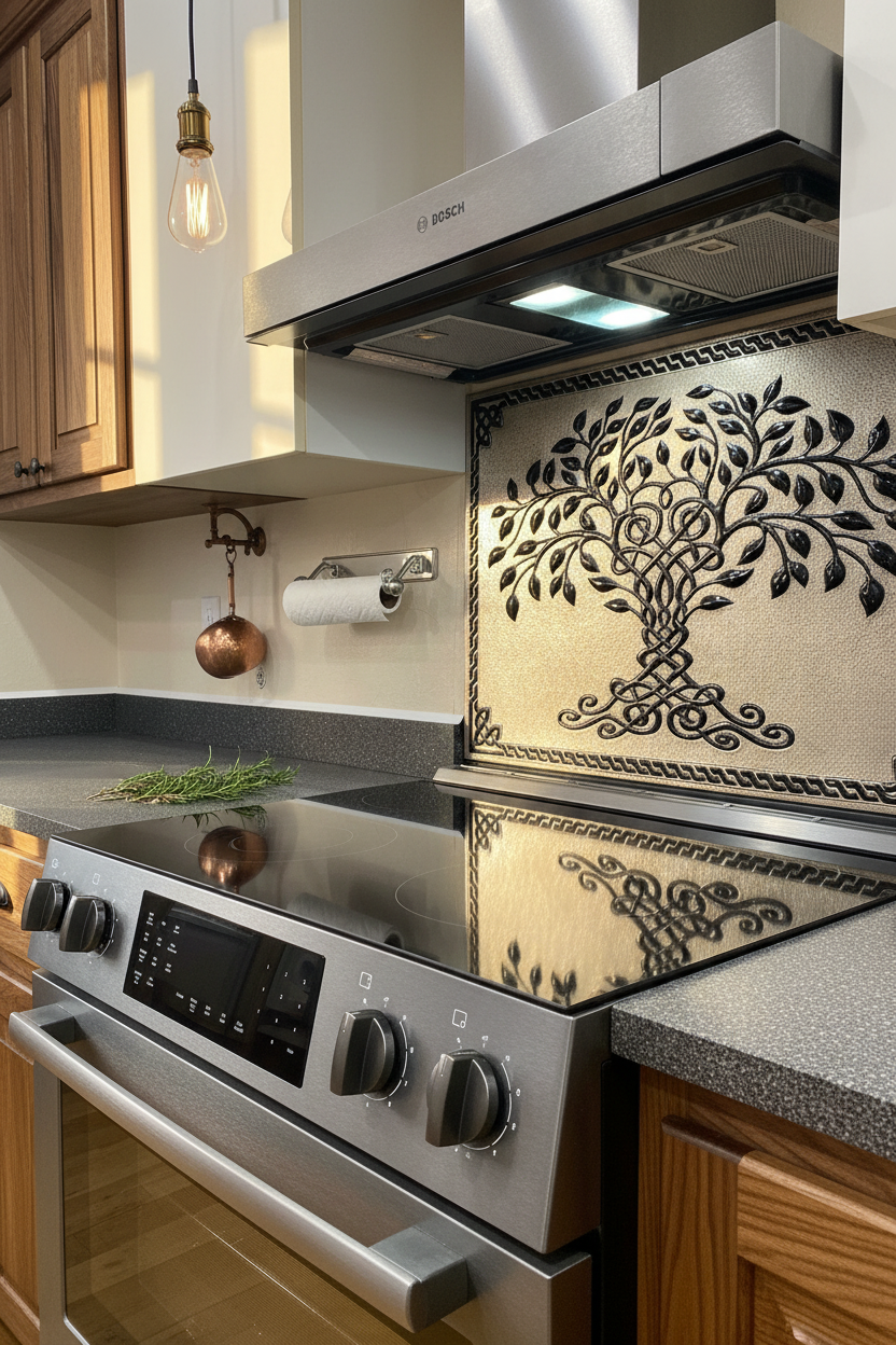 Gray Black Tree of Life Backsplash Large Panel EXTREMELY CLOSE Slight Angled Right View Handmade Kitchen Wall Art Ultra Luxury Rustic Farmhouse Kitchen Stove Backsplash