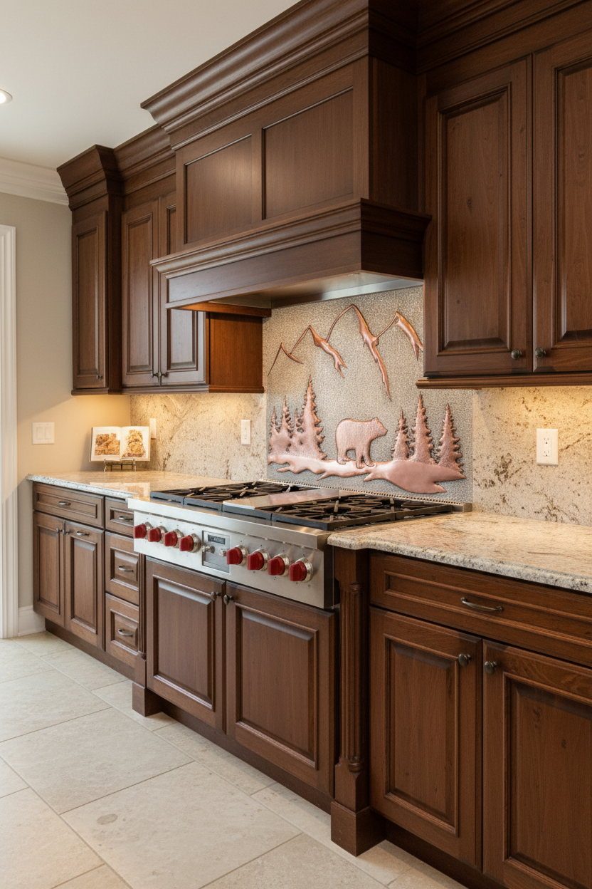 Gray & copper bear backsplash 72"W x 38"H VERY LARGE in traditional elegant kitchen