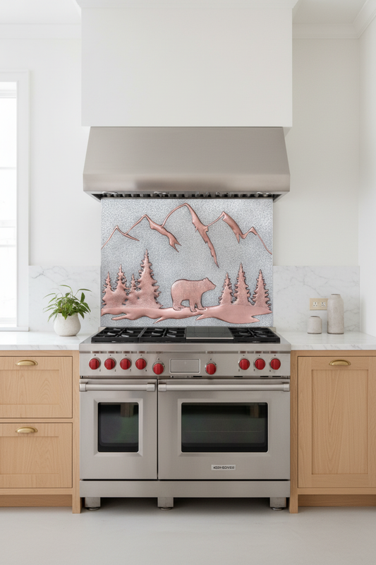 Gray & copper bear backsplash 75"W x 38"H VERY LARGE in Scandinavian minimalist kitchen
