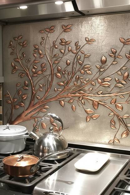 Gray & Copper Tree Branches Backsplash - close-up front view