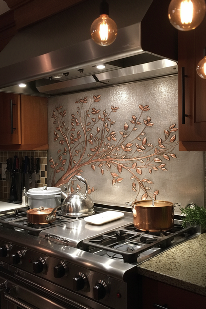 Gray Copper Tree Branches Backsplash Large Panel EXTREMELY CLOSE Slight Angled Right View Handmade Kitchen Wall Art Ultra Luxury Rustic Farmhouse Kitchen Stove Backsplash