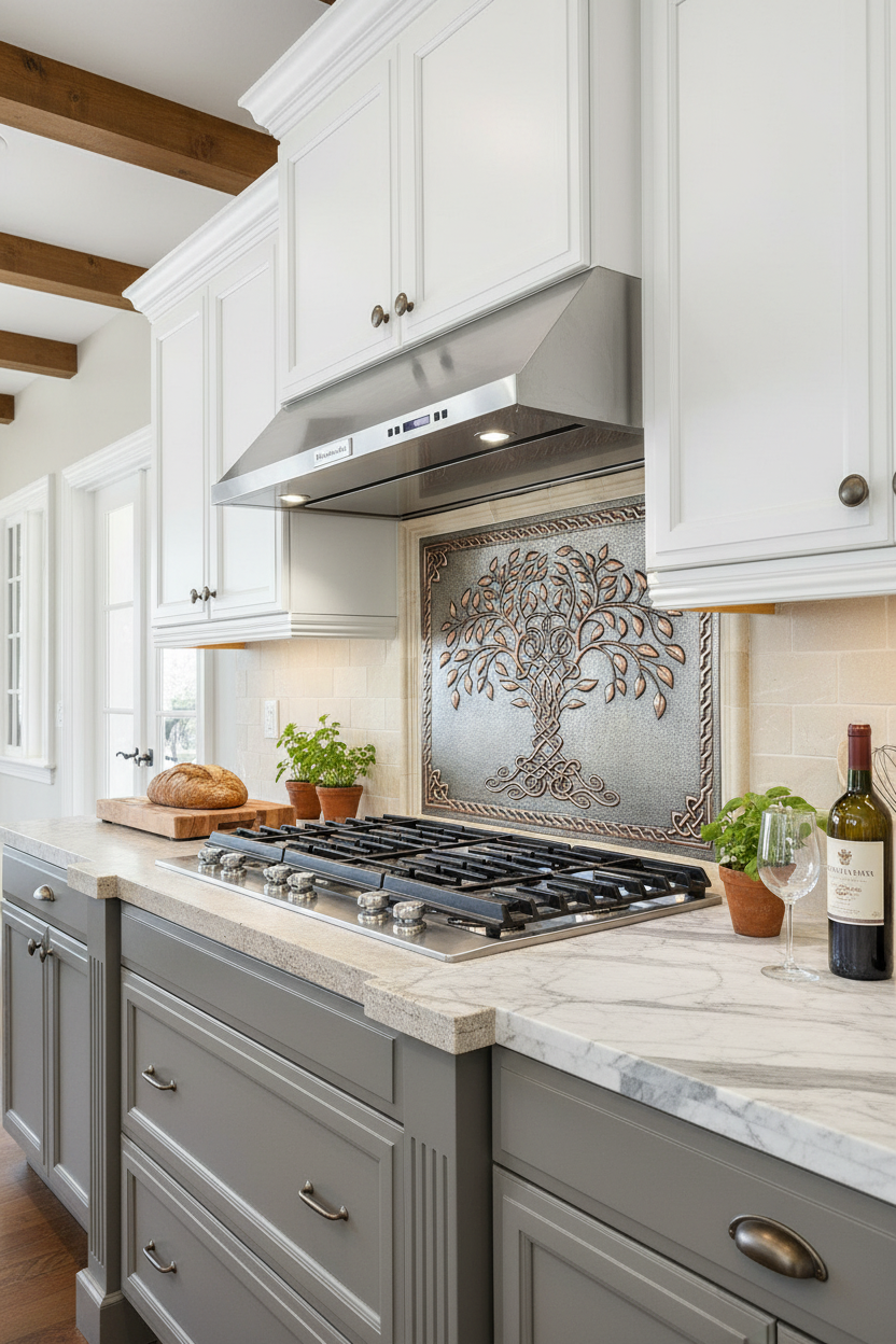 Gray Copper Tree of Life Backsplash Close Angled Right View Enhanced from Real Life Photos