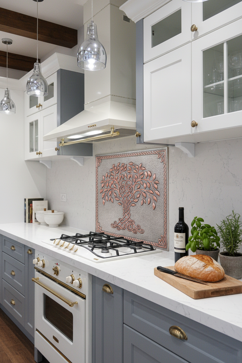 Gray Copper Tree of Life Backsplash Close Angled Right View Ultra-Luxury Transitional Kitchen