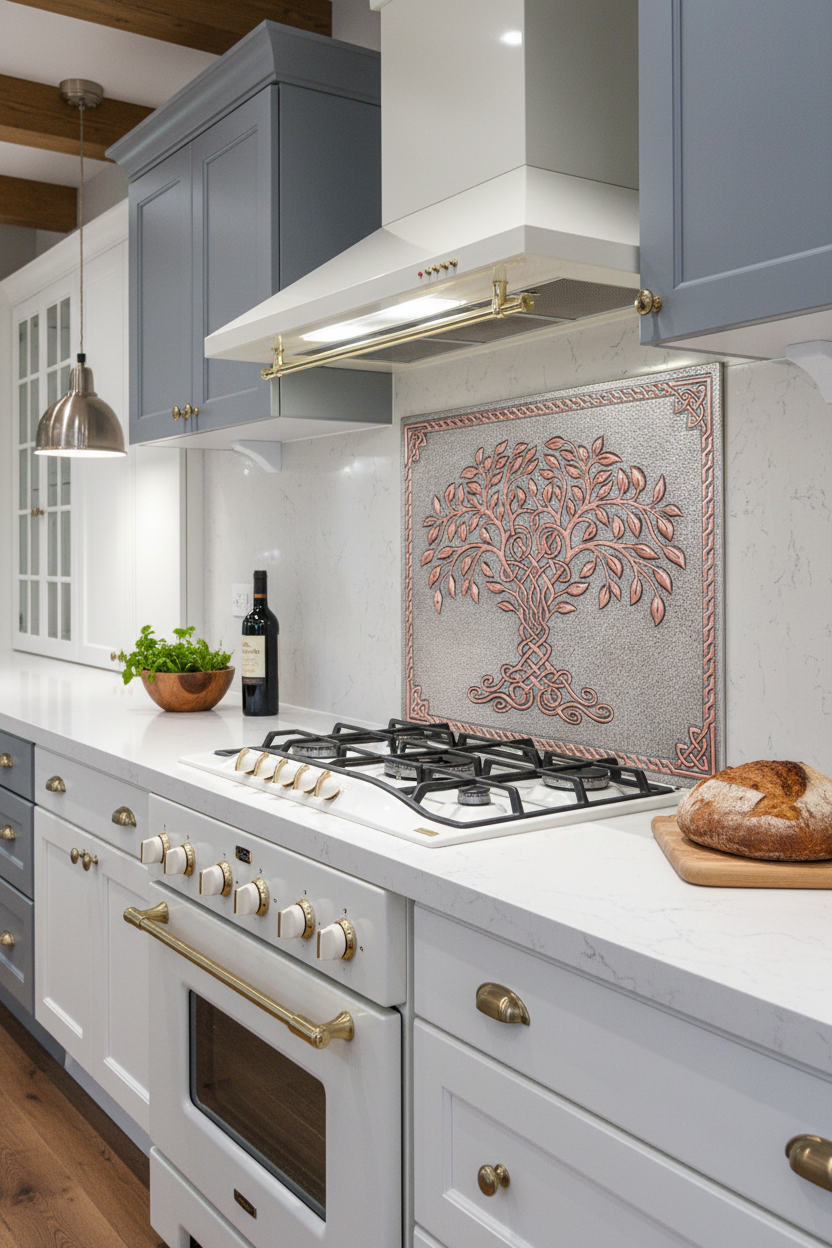Gray Copper Tree of Life Backsplash Close Angled Right View Ultra-Luxury Transitional Kitchen
