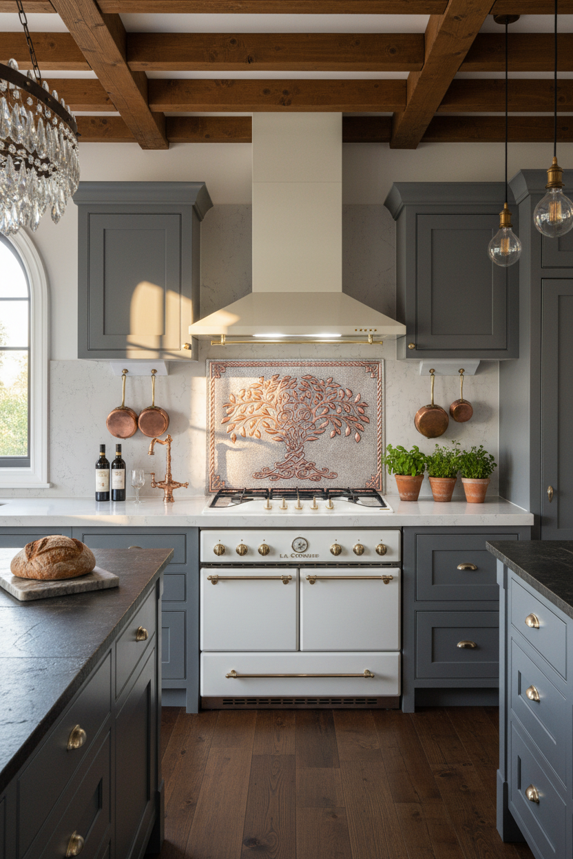 Gray Copper Tree of Life Backsplash Close Front Direct View Ultra-Luxury Contemporary Kitchen