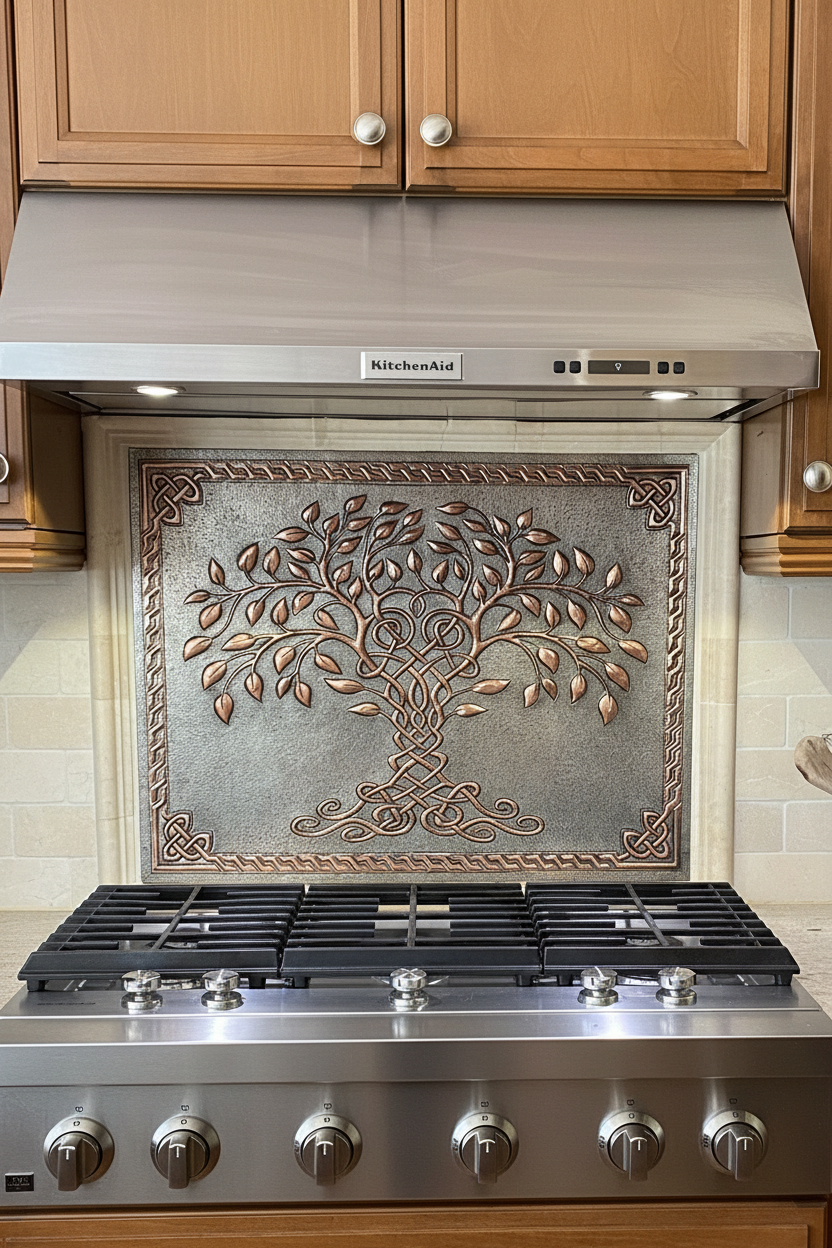 Gray & Copper Tree of Life Backsplash - close-up front view