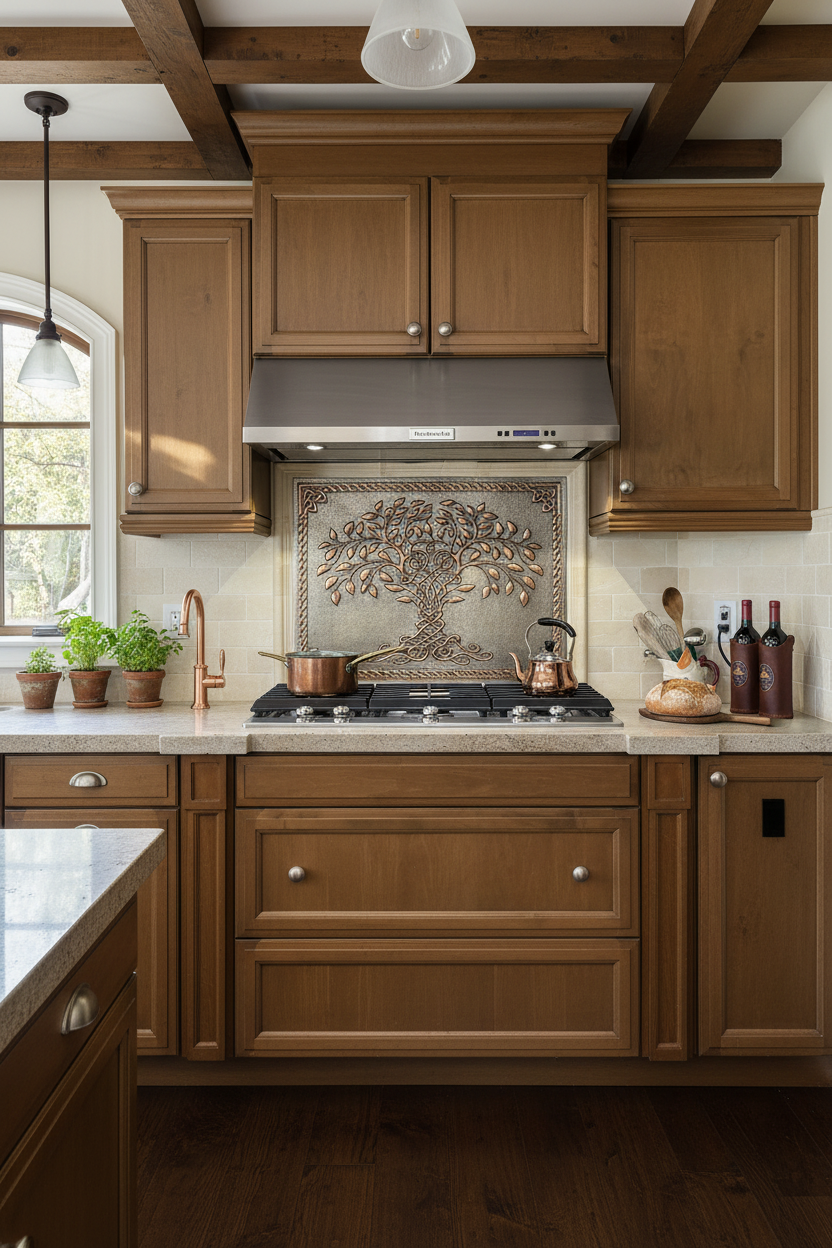 Gray Copper Tree of Life Backsplash Closer Front Direct View Enhanced from Real Life Photos