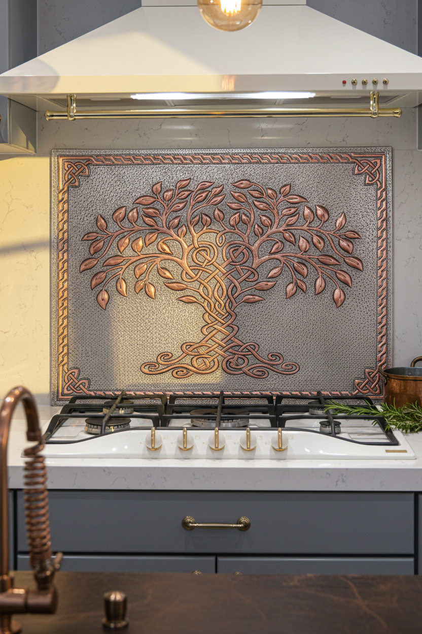 Gray Copper Tree of Life Backsplash Closest Front Direct View Ultra-Luxury Contemporary Kitchen