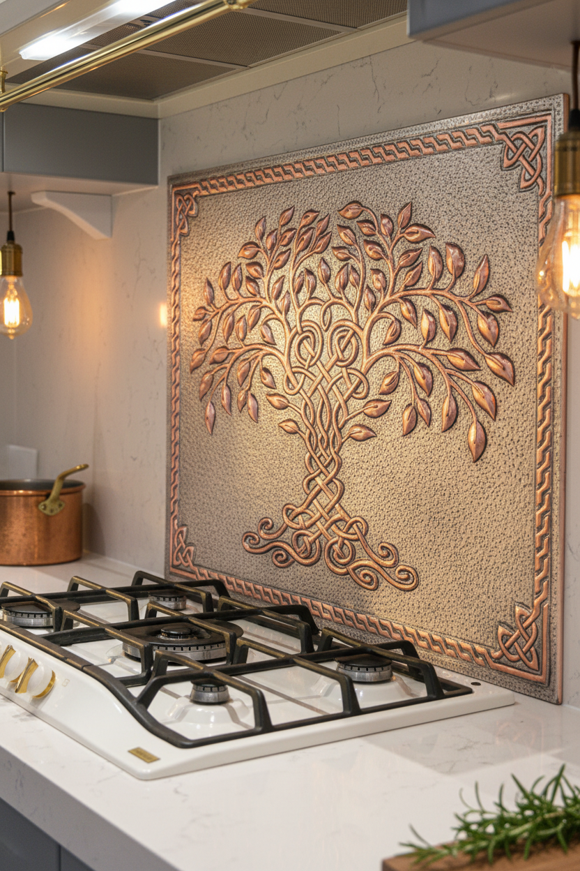 Gray Copper Tree of Life Backsplash Closest Front Direct View Ultra-Luxury Contemporary Kitchen