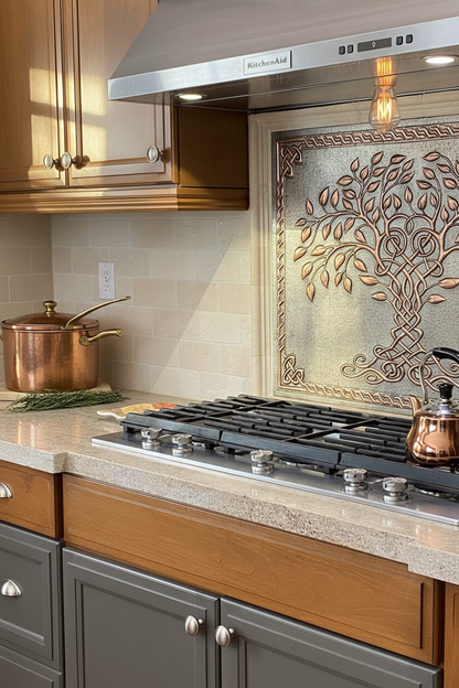 Gray Copper Tree of Life Backsplash Closest Front Direct View Using Real Panel Photo
