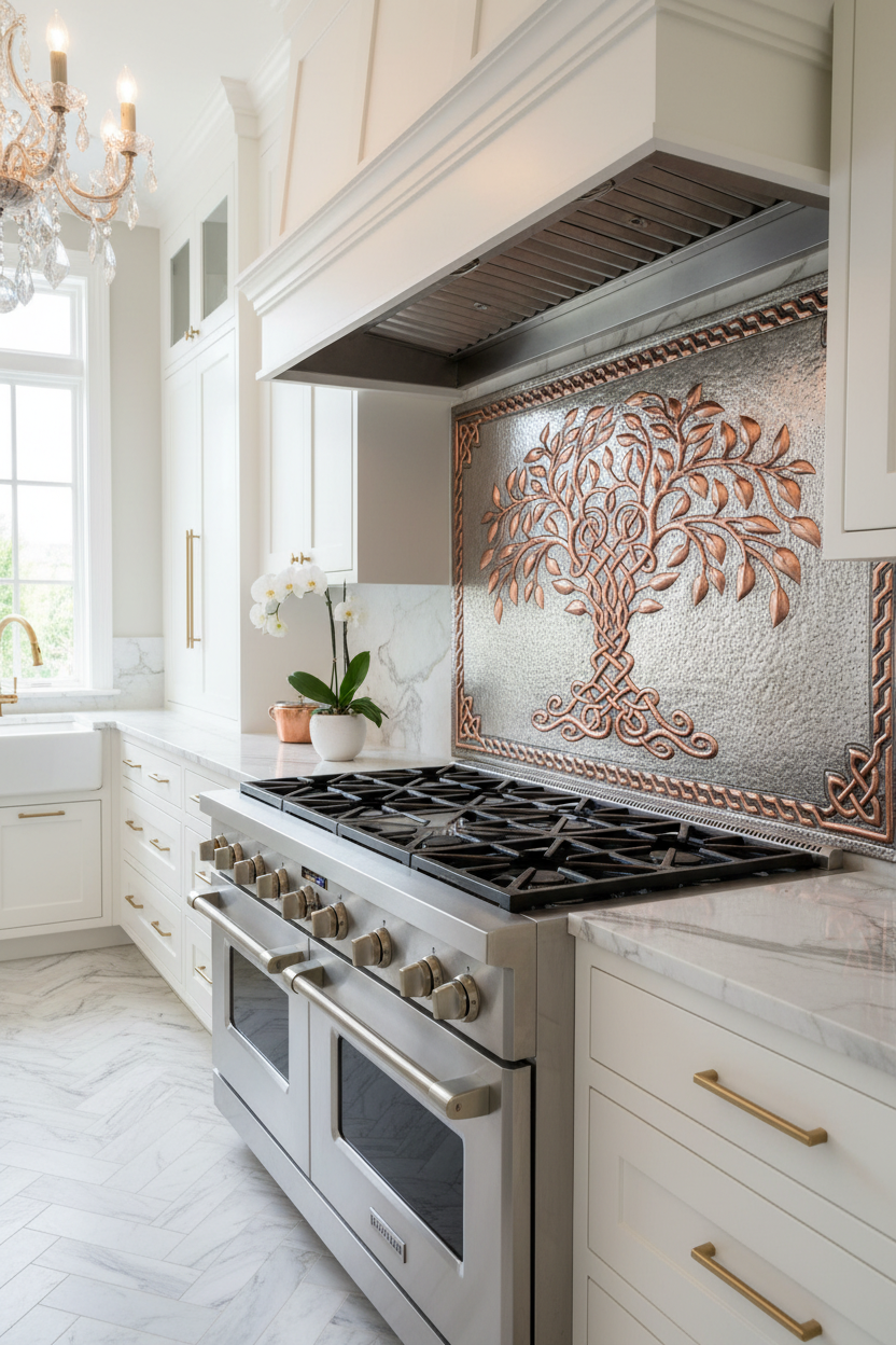Gray Copper Tree of Life Backsplash Large Panel EXTREMELY CLOSE Angled Left View Handmade Kitchen Wall Art Ultra Luxury Upscale Designer Kitchen Architecture Magazine Quality