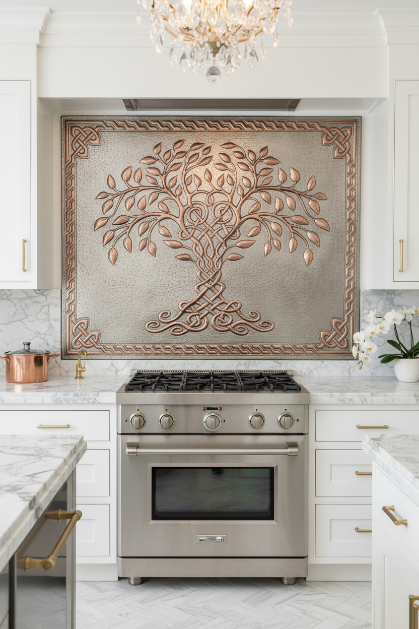 Gray Copper Tree of Life Backsplash Large Panel EXTREMELY CLOSE Front Direct View Handmade Kitchen Wall Art Ultra Luxury Upscale Designer Kitchen Architecture Magazine Quality