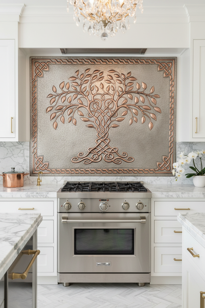Gray Copper Tree of Life Backsplash Large Panel EXTREMELY CLOSE Front Direct View Handmade Kitchen Wall Art Ultra Luxury Upscale Designer Kitchen Architecture Magazine Quality