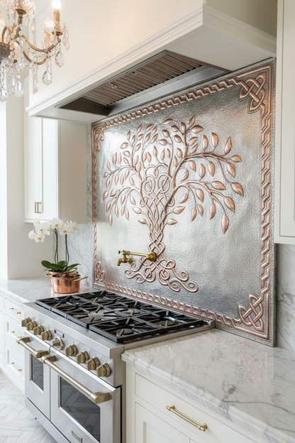 Gray Copper Tree of Life Backsplash Large Panel EXTREMELY CLOSE Slight Angled Left View Handmade Kitchen Wall Art Ultra Luxury Upscale Designer Kitchen Architecture Magazine Quality