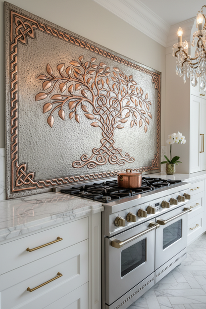Gray Copper Tree of Life Backsplash Large Panel EXTREMELY CLOSE Slight Angled Right View Handmade Kitchen Wall Art Ultra Luxury Upscale Designer Kitchen Architecture Magazine Quality