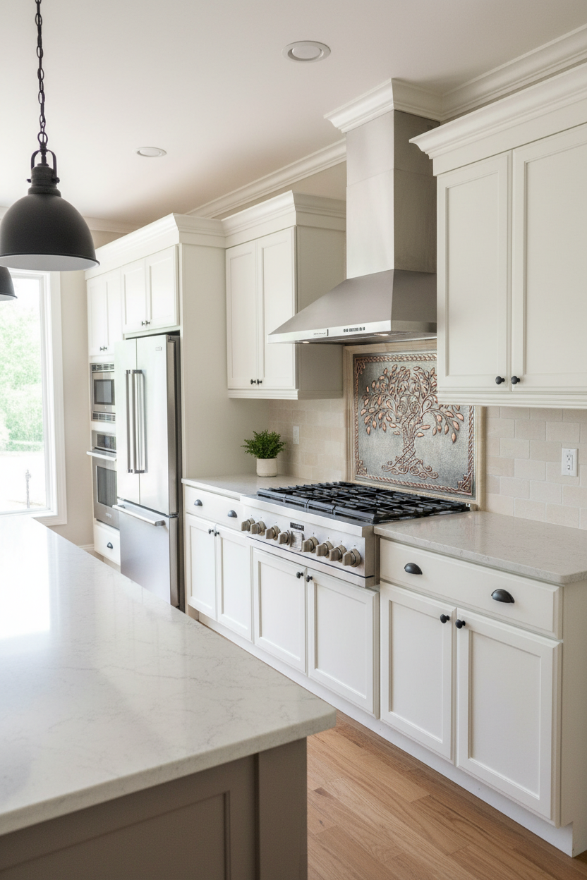 Gray & Copper Tree of Life Backsplash - modern kitchen