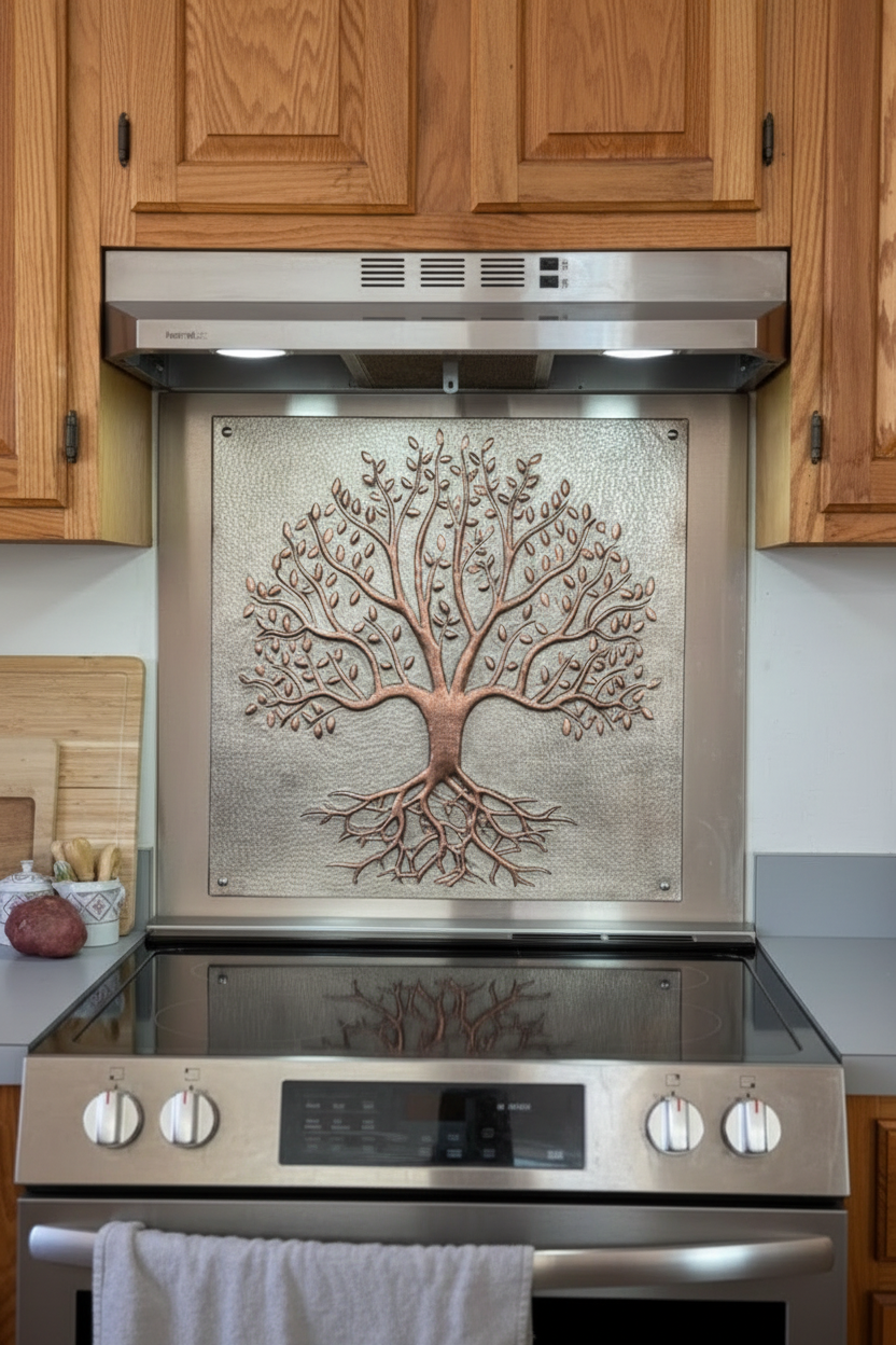 Gray & Copper Tree With Roots Backsplash - close-up front view