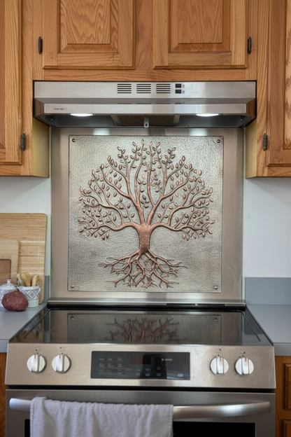 Gray & Copper Tree With Roots Backsplash - close-up front view