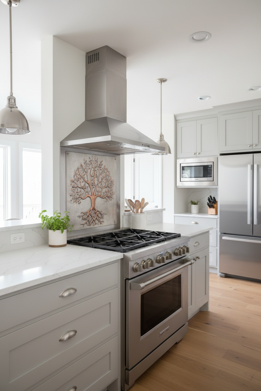 Gray & Copper Tree With Roots Backsplash - transitional kitchen
