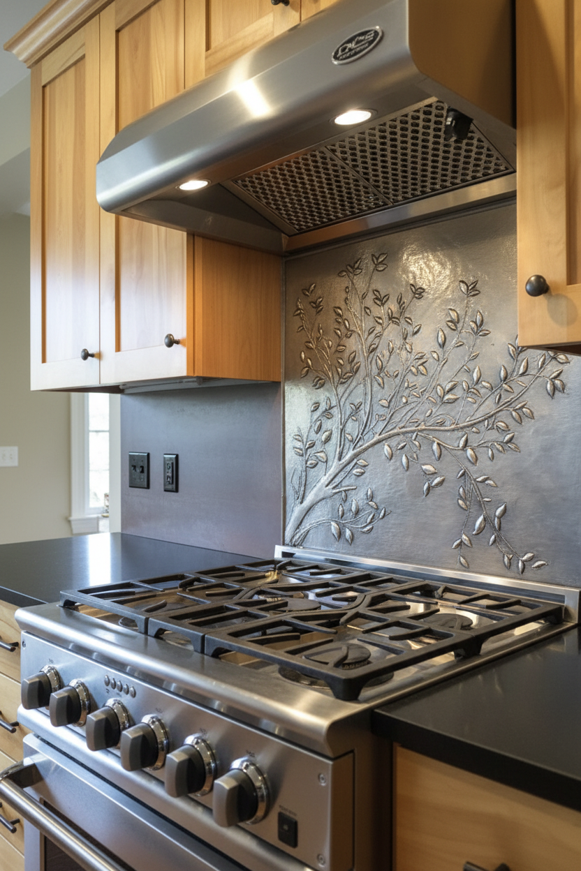 Gray Tree Branches Copper Backsplash - close-up angled view