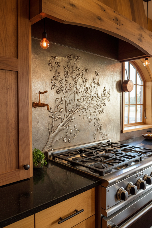 Gray Tree Branches Copper Backsplash Large Panel EXTREMELY CLOSE Angled Right View Handmade Kitchen Wall Art Ultra Luxury Rustic Farmhouse Kitchen Stove Backsplash