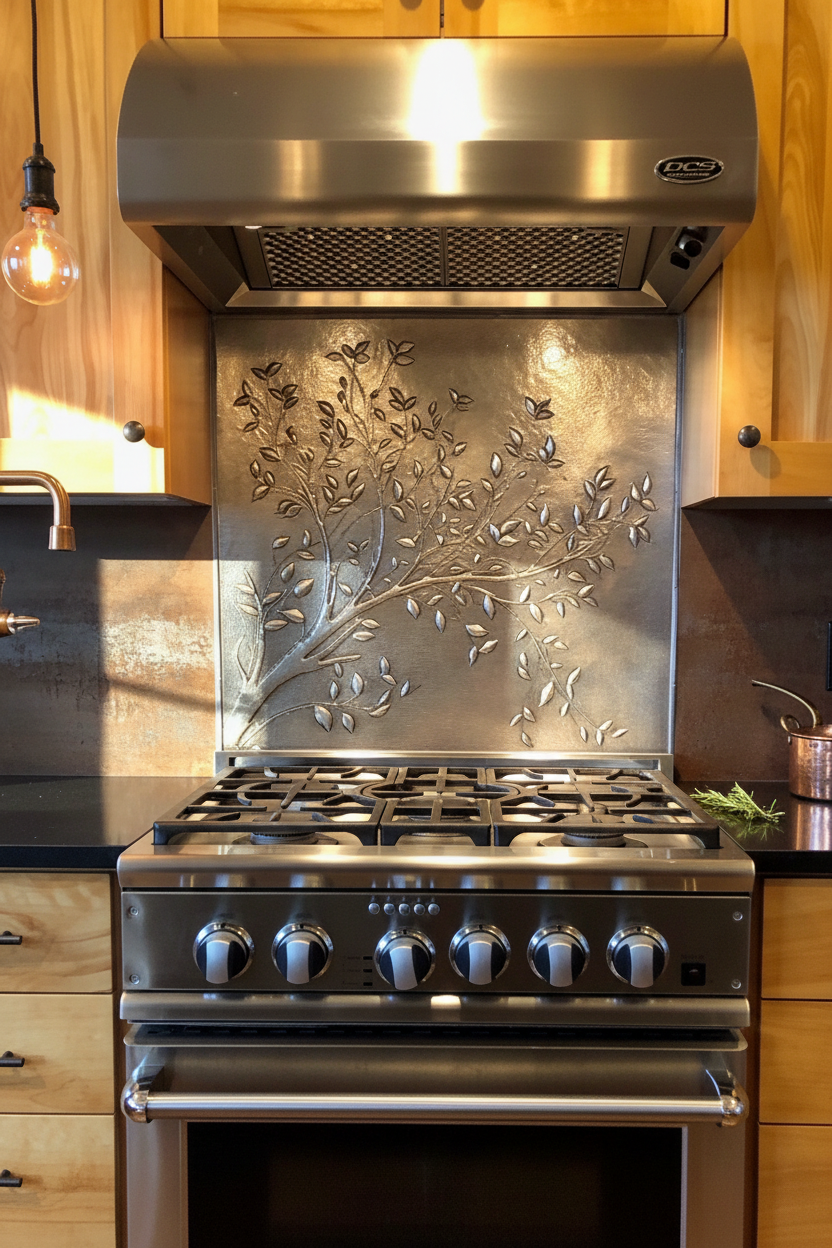 Gray Tree Branches Copper Backsplash Large Panel EXTREMELY CLOSE Front Direct View Handmade Kitchen Wall Art Ultra Luxury Rustic Farmhouse Kitchen Stove Backsplash