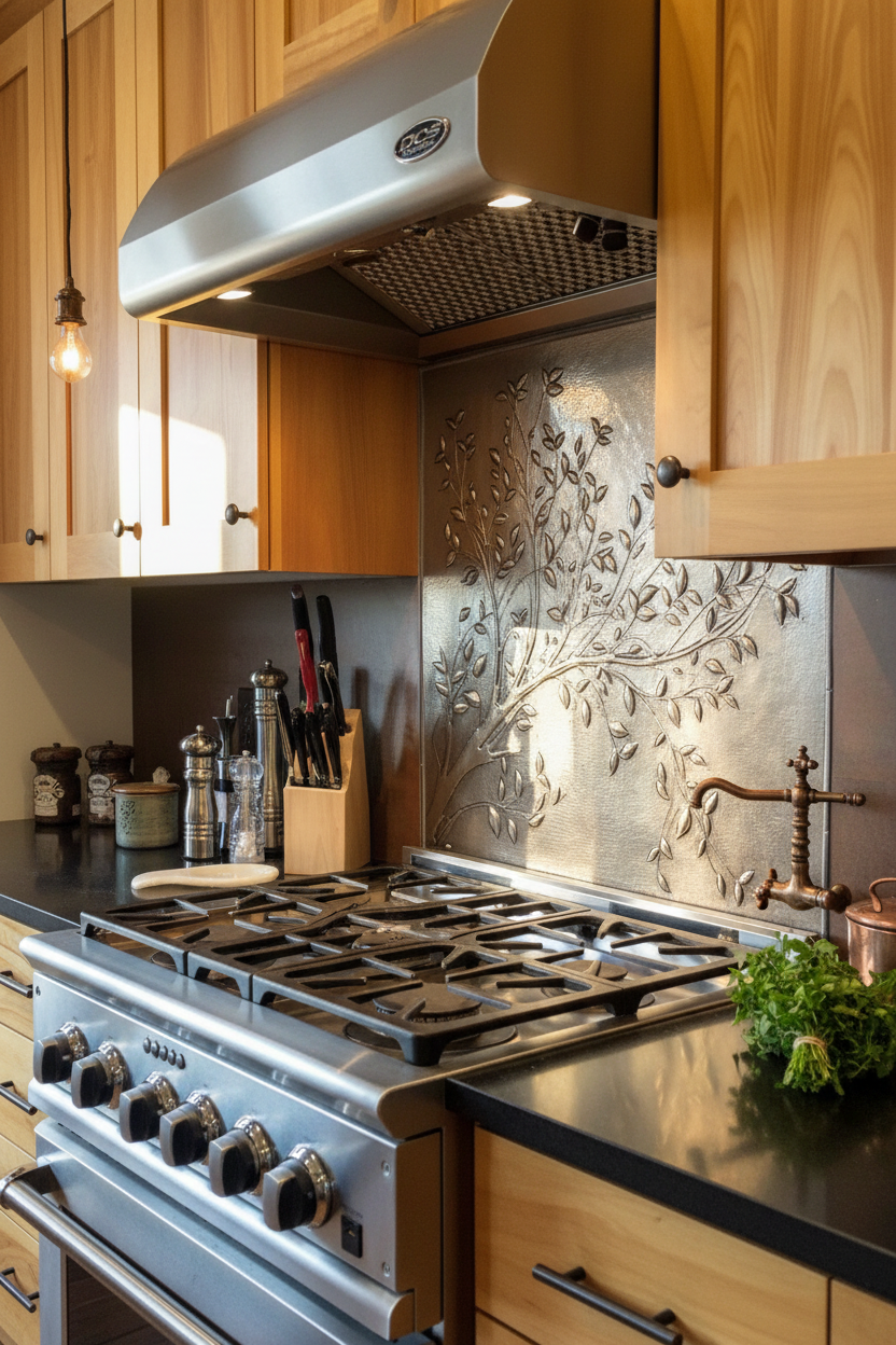 Gray Tree Branches Copper Backsplash Large Panel EXTREMELY CLOSE Slight Angled Left View Handmade Kitchen Wall Art Ultra Luxury Rustic Farmhouse Kitchen Stove Backsplash