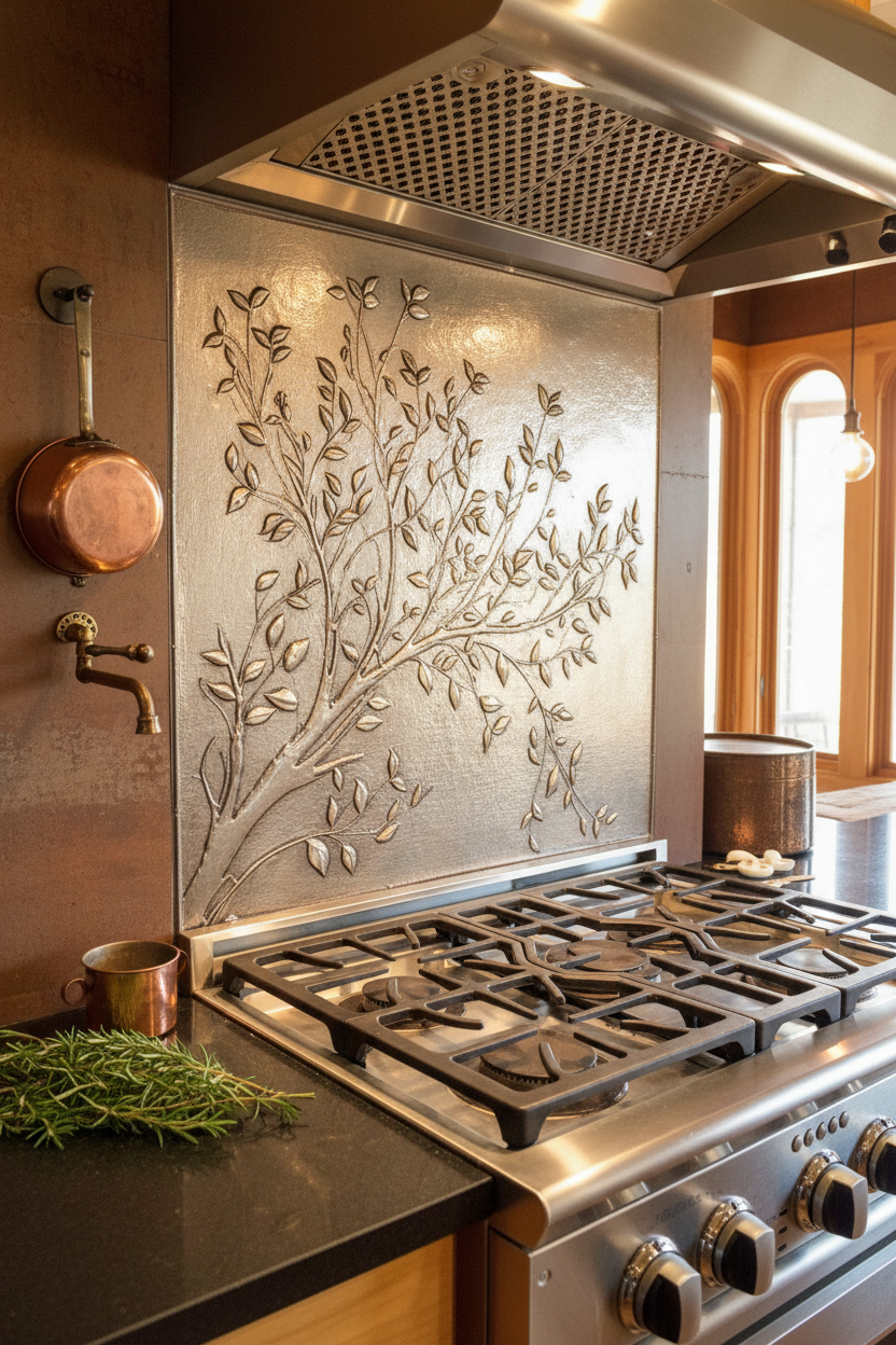 Gray Tree Branches Copper Backsplash Large Panel EXTREMELY CLOSE Slight Angled Right View Handmade Kitchen Wall Art Ultra Luxury Rustic Farmhouse Kitchen Stove Backsplash