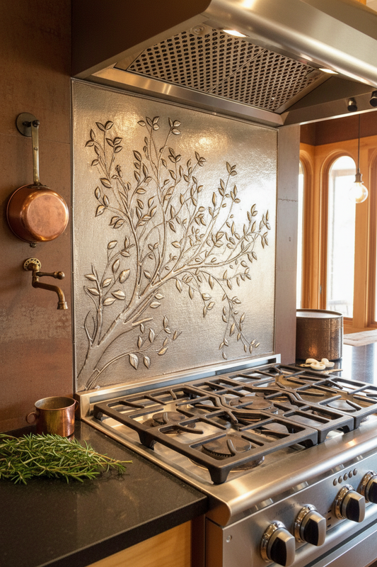 Gray Tree Branches Copper Backsplash Large Panel EXTREMELY CLOSE Slight Angled Right View Handmade Kitchen Wall Art Ultra Luxury Rustic Farmhouse Kitchen Stove Backsplash