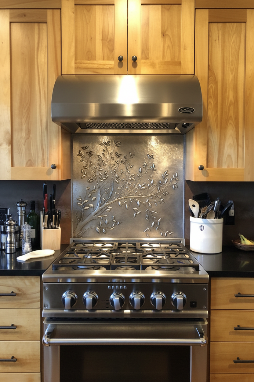 Gray Tree Branches Copper Backsplash - oversized close-up